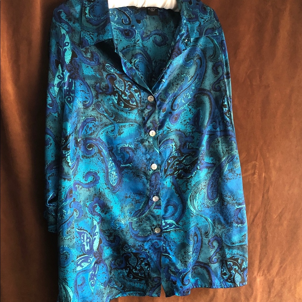 Maggie Barnes Blue Teal Paisley Satin Button-Down Shirt